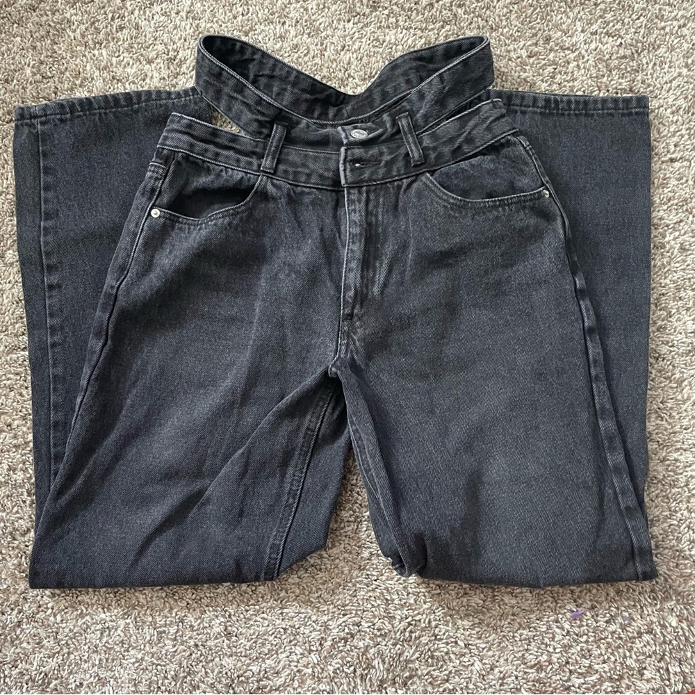 Broken Waistband, High Rise, Baggy Black Faded Denim Jeans